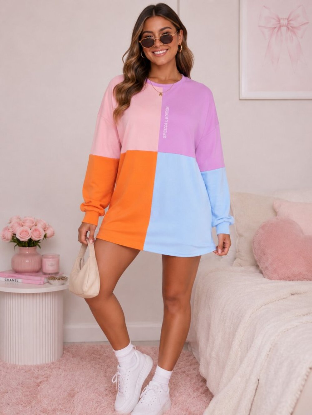 Pastel Color Block Oversized Sweatshirt Dress | Cozy Soft Girl Lounge Mini Dress